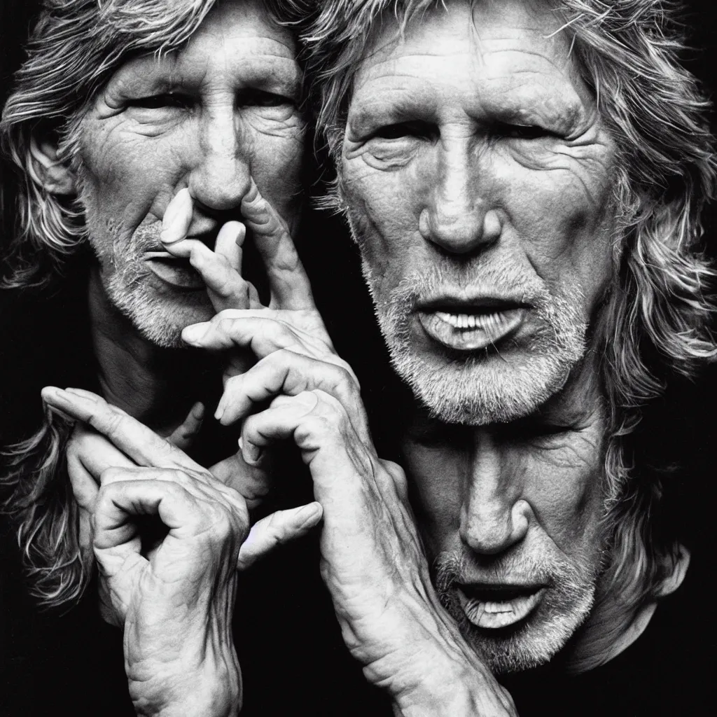 Image similar to award winning photo of roger waters, david gilmoUR smoking, vivid colors, happy, symmetrical face, beautiful eyes, studio lighting, wide shot art by Sally Mann & Arnold Newman