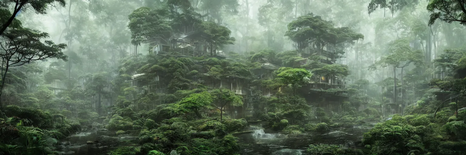 Image similar to japanese metabolism architecture deep in the rainforest. nature is taking over. matte painting in the style of craig mullins. mist. cinematic. octane render.