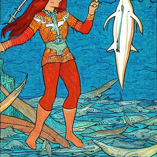 Prompt: a shark woman with melee weapons by ivan bilibin