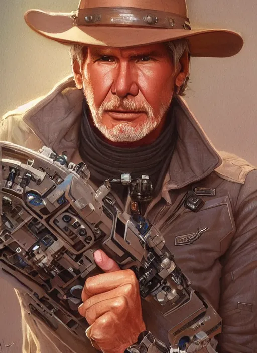 Prompt: Harrison Ford as a ruggedly handsome space cowboy, intricate, elegant, highly detailed, centered, digital painting, artstation, concept art, smooth, sharp focus, illustration, art by artgerm and donato giancola and Joseph Christian Leyendecker