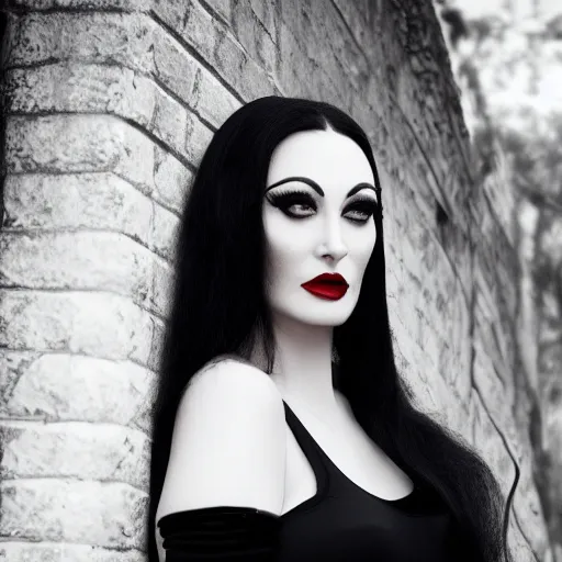 Image similar to dslr portrait photo of morticia addams, f 2. 8, iso 4 0 0,, 4 k, photorealistic, cinematic, masterpiece,