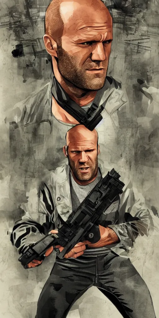 Prompt: jason statham by stephen bliss, gta cover art