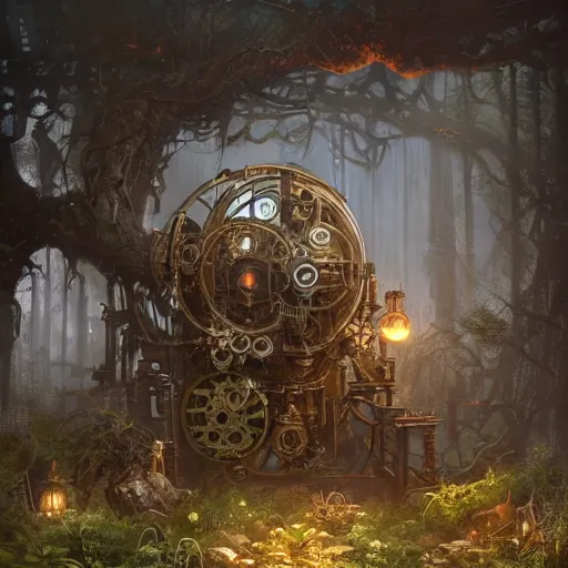 Image similar to a ultradetailed beautiful concept art of the core of a steampunk machine where vegetation have start to peacefully grow, dramatic lighting, dynamic lighting, cinematic lighting, concept art, high resolution 4 k, by tom bagshaw, greg rutkowski, charli bowater and artgeem