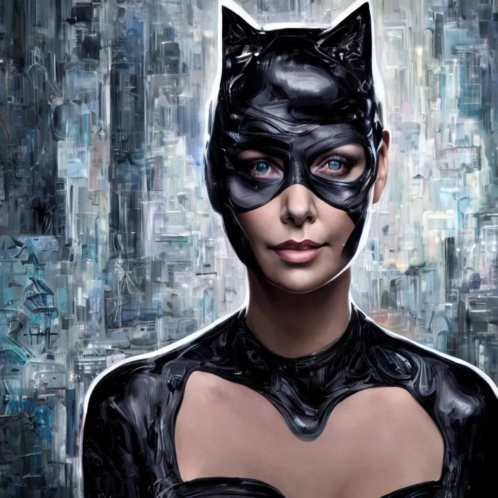 Image similar to portrait of charlize theron as a catwoman 1 9 8 9. intricate abstract. intricate artwork. by tooth wu, wlop, beeple, dan mumford. octane render, trending on artstation, greg rutkowski very coherent symmetrical artwork. cinematic, hyper realism, high detail, octane render, 8 k, iridescent accents