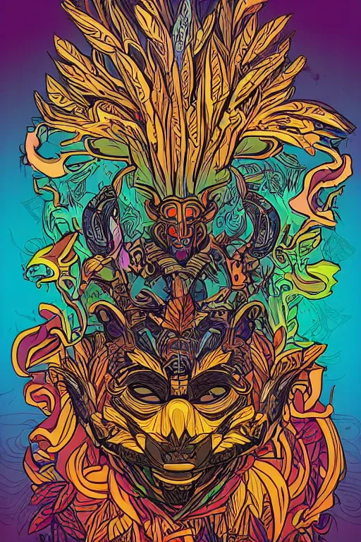 Image similar to animal mask totem roots flower tribal feather gemstone plant wood rock shaman vodoo video game vector cutout illustration vivid multicolor borderlands comics by josan gonzales and dan mumford radiating a glowing aura