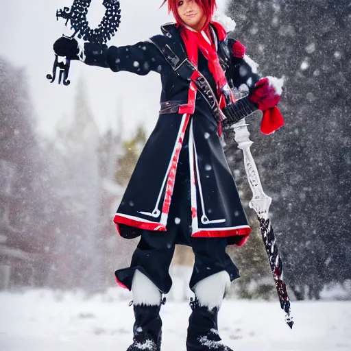 Image similar to of sora cosplay holding keyblade with snow background 85mm