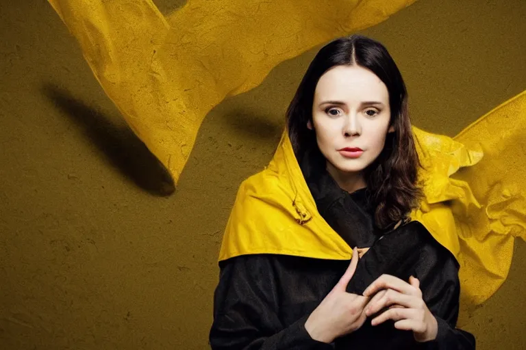 Image similar to tarot card of a dark-haired woman wearing a yellow raincoat, sitting on the floor in front of a bed covered with white linen, black puzzle pieces hovering in the air, symmetrical face, atmospheric, cinematic, ultra detailed, by Weta Digital