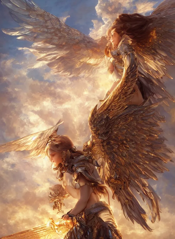 Image similar to A beautiful fierce angel with wings, wearing metal battle armor and a flaming sword, among heavenly sunlit clouds, intricate, elegant, digital painting, golden hour photography, cinematic, trending on artstation, concept art, smooth, sharp focus, realism, illustration, art by artgerm and Greg Rutkowski and Alphonse Mucha