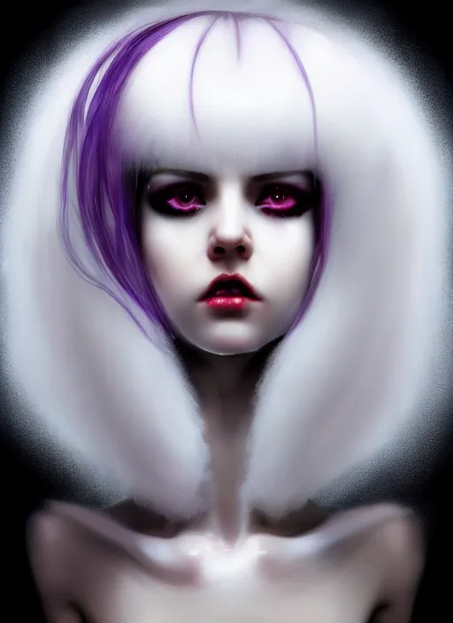 Image similar to whitebangs, black hair, black cyberlox, portrait of white teenage girl, normal face, white bangs, fluffy bangs, cyberlox, whitebangs, red contact lenses, purple background, intricate, elegant, highly detailed, digital painting, artstation, concept art, sharp focus, smooth, illustration, art by wlop, mars ravelo and greg rutkowski