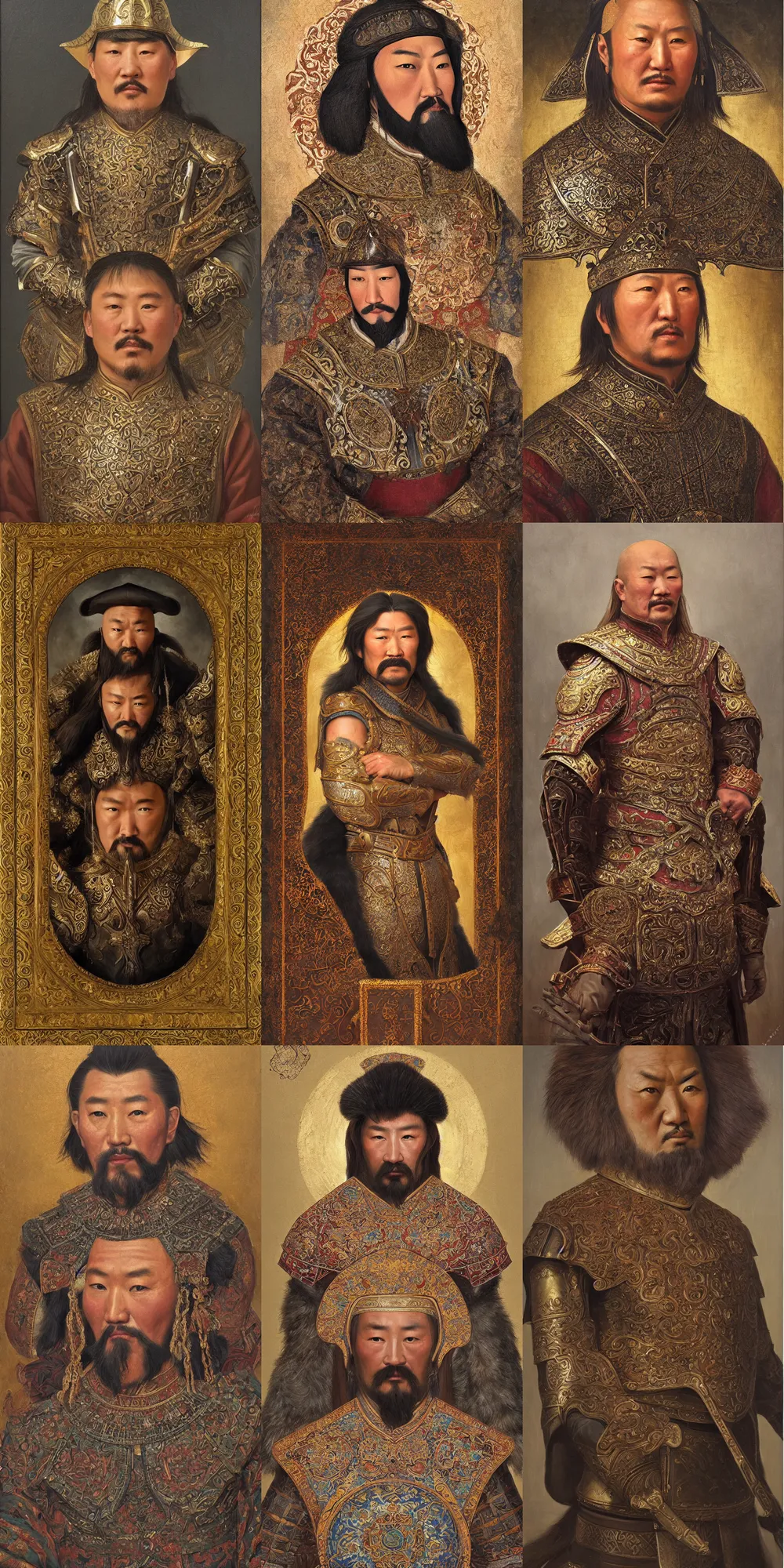 Prompt: a stunning and noble highly detailed romantic period style portrait of Genghis Khan by Josep Tapiró Baró, trending on artstation, oil painting masterpiece, symmetry, fractals, Mongolian iconography