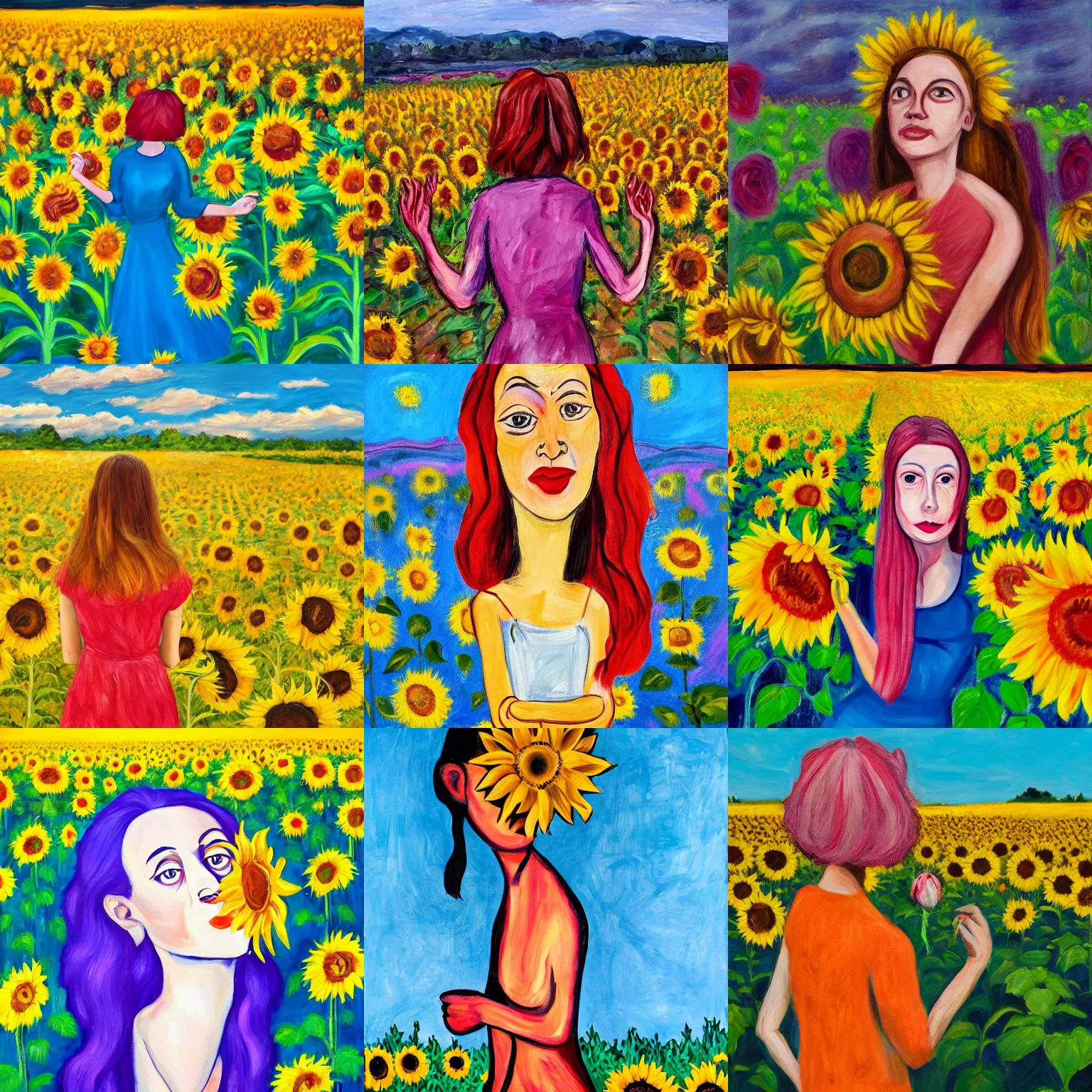 Prompt: an ugly expressionist painting of a woman with rose hair standing in a sunflower field