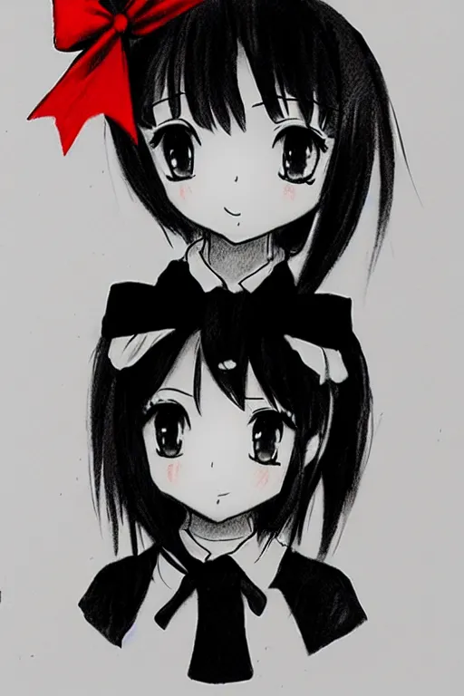 Prompt: highly detailed, cute loli in a tall black top hat, red bow, face profile, pencil sketch, gray scale, anime style