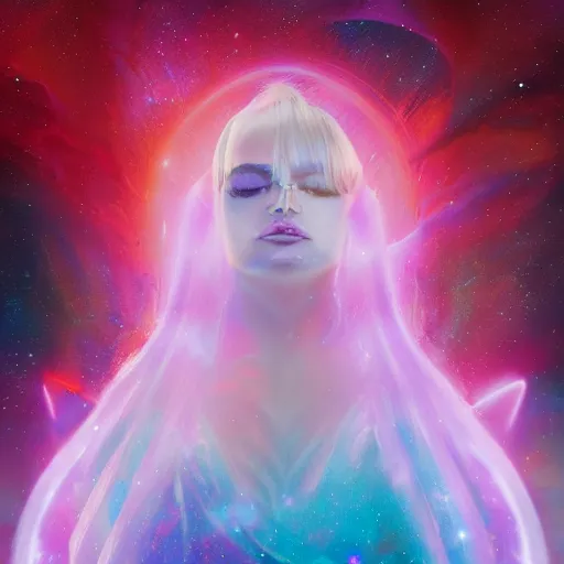 Image similar to an epic cinematic ethereal portrait made of stardust of kim petras with her eyes closed as part of the fabric of the universe and existence, galaxies, stars, nebulas, artstation trending, visionary art, oil painting, cgsociety, instagram