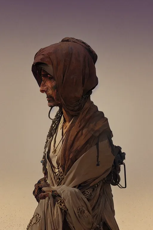 Prompt: a full body portrait of a beautiful post apocalyptic offworld desert bedouin blind beggar by the road, intricate, elegant, highly detailed, digital painting, artstation, concept art, smooth, sharp focus, illustration, art by krenz cushart and artem demura and alphonse mucha