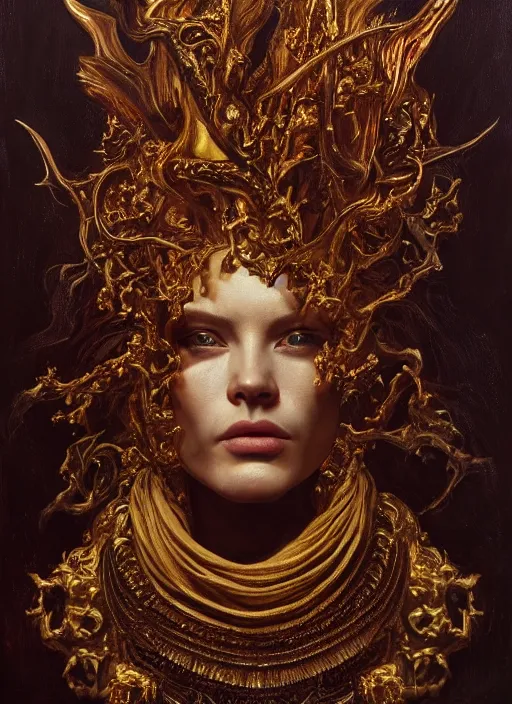 Prompt: highly detailed oil painting | very intricate | cinematic lighting | award - winning | the devils mask by alexander mcqueen | by roberto ferri, by leng jun, by j. c. leyendecker and klimt, american romanticism, by austin osman spare, artstation, cgsociety, official art, octane