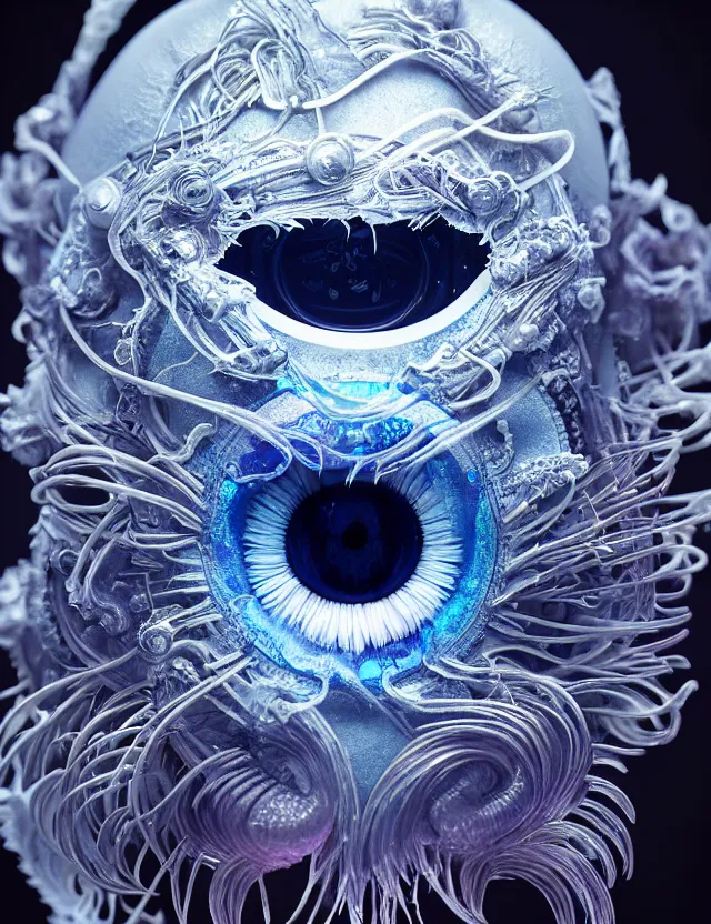 Prompt: eye of god macro close - up portrait with mask made of ram skull. betta fish, jellyfish phoenix, bioluminiscent, plasma, ice, water, wind, creature, super intricate ornaments artwork by tooth wu and wlop and beeple and greg rutkowski