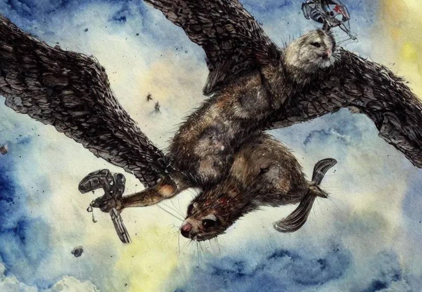 Image similar to epic winged possum flying over a medieval castle under a dark starred sky, dark fantasy, watercolor, dreaming illusion, highly detailed, 4k, trending on Artstation, award-winning