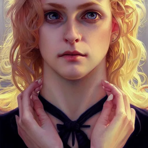 Image similar to portrait of a beautiful young blonde vampire, anatomically correct, dark, piercing eyes, gentle expression, elegant clothing, photorealistic, highly detailed, artstation, smooth, sharp focus, art by michael whelan, artgerm, greg rutkowski and alphonse mucha