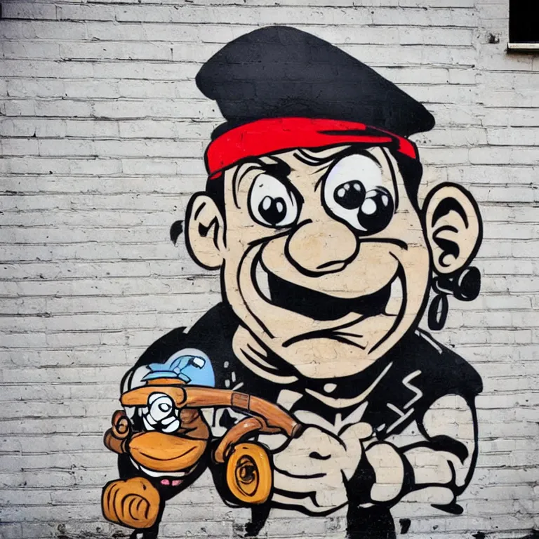 Prompt: Street-art portrait of Popeye the Sailor with the squinting (or entirely missing) right eye, huge forearms with two anchor tattoos, skinny upper arms, and corncob pipe. in style of Banksy, comic character, photorealism