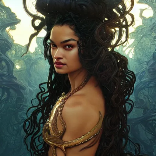 Prompt: Shanina Shaik as Medusa, frowning, scowl, snakes for hair, intricate, elegant, highly detailed, digital painting, artstation, concept art, smooth, sharp focus, illustration, art by artgerm and greg rutkowski and alphonse mucha and Chris Achilleos