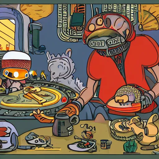 Prompt: a cyberpunk peasant eating valencian paella surrounded by adorable aliens and creepy otters on a football pitch