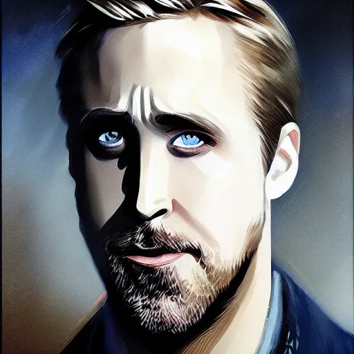 Prompt: “Portrait of Ryan Gosling by Greg Rutkowski, young, attractive, highly detailed portrait, scifi, digital painting, artstation, concept art, smooth, sharp foccus ilustration, Artstation HQ”