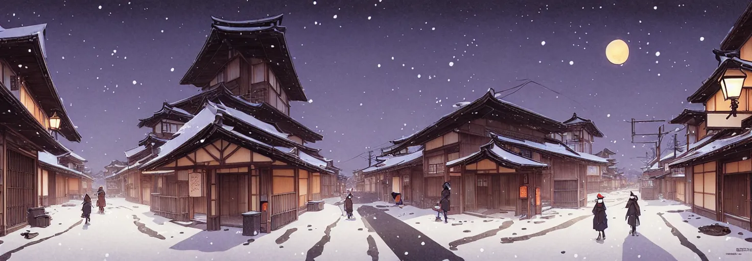 Image similar to empty rural japanese town at night, winter, in the style of studio ghibli, j. c. leyendecker, greg rutkowski, artem