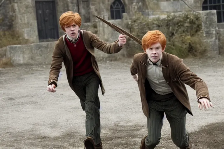 Image similar to film still Freddy Highmore as Ron Weasley wearing hogwarts uniform in Harry Potter movie