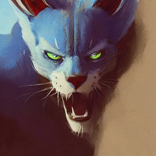 Image similar to blue cat eating red sable painting by eddie mendoza, greg rutkowski