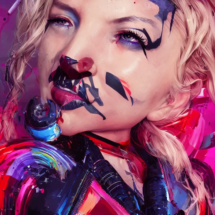 Image similar to portrait of Kate Hudson as a harley quinn. intricate abstract. intricate artwork. by Tooth Wu, wlop, beeple, dan mumford. octane render, trending on artstation, greg rutkowski very coherent symmetrical artwork. cinematic, hyper realism, high detail, octane render, 8k, iridescent accents