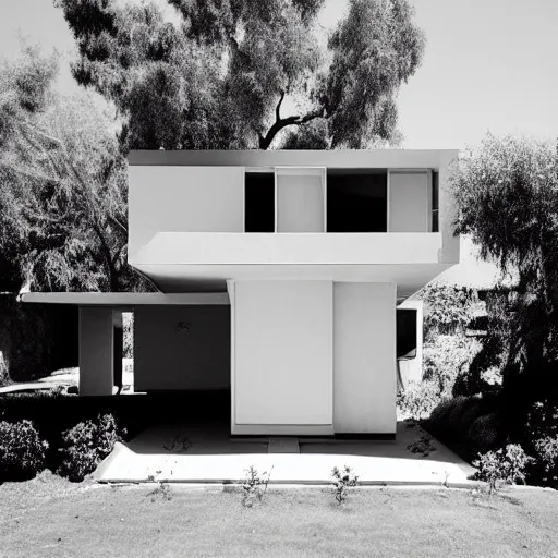 Prompt: “ a perfectly centered beautiful black and white 9 0 mm photo of mid - century retro - futuristic house in los angeles ”