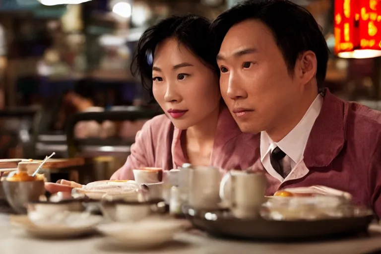 Image similar to movie interior closeup beautiful Asian couple closeup sitting at 50s diner, night in the city, beautiful skin, by Emmanuel Lubezki