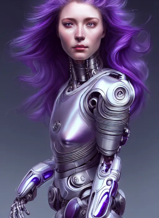 Image similar to a photorealistic detailed image of a beautiful stoic pale woman in sci - fi bionic armor with purple hair, detailed, intricate, elegant, highly detailed, digital painting, artstation, concept art, smooth, sharp focus, illustration, art by hana yata, artem demura, alphonse mucha, octane render, unreal engine, 8 k
