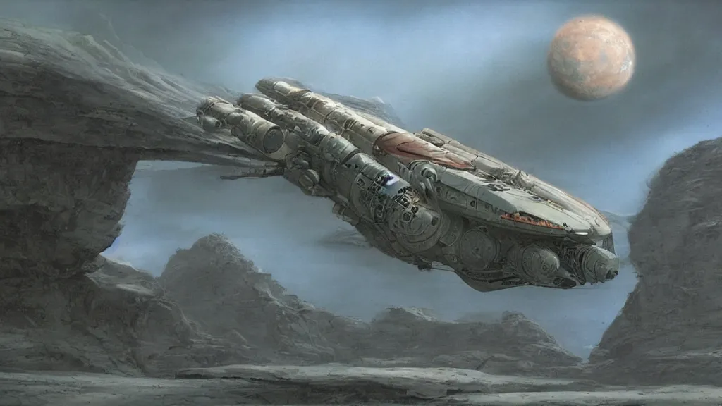 Prompt: small organic dropship lander by john schoenherr and jim burns, epic cinematic matte painting