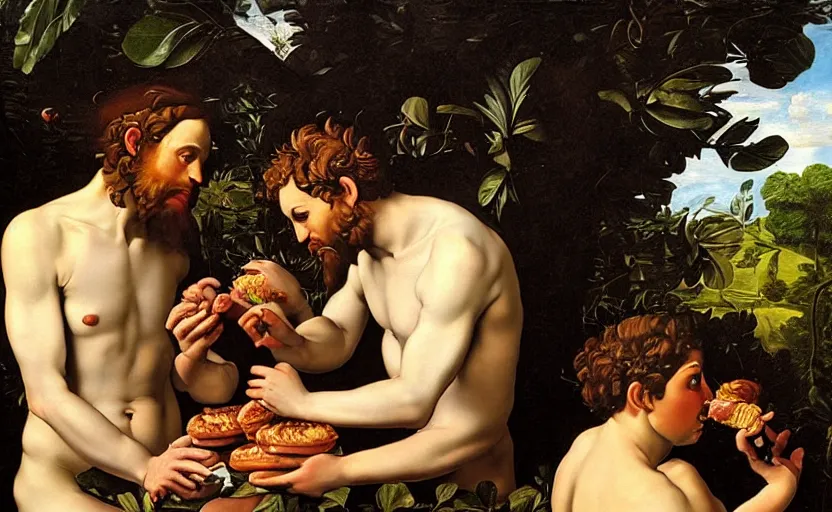 Image similar to adam and eve eating a big mac in the garden of eden by caravaggio, highly detailed, intricate details, oil painting, deep impasto