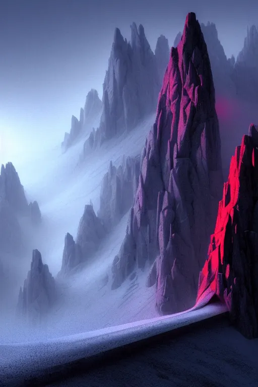 Image similar to futuristic atmosphere in the snowy mountains dolomites 3 d concept art, red lasers, cinematic lighting, rule of thirds, depth of field, intricate details, building by zaha hadid, stormy weather, emissary space by arthur haas and bruce pennington and john schoenherr, cinematic matte painting, dark moody colors, trending on artstation, featured on behance