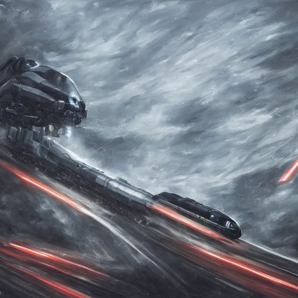 Image similar to highly detailed painting of powerful futuristic streamline train speeding very fast. romanticism. extreme speed with headlight beam shining brightly into the fog and rain. dramatic lighting. motion streaks.. vanishing point. photorealistic.