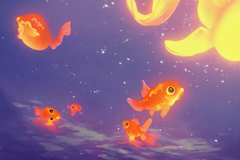 Prompt: fantasy art of glowing goldfish floating around houses in a japanese town at night, by makoto shinkai, close up, low angle, wide angle, highly detailed digital art, trending on artstation