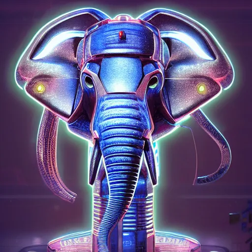 Image similar to hyper realistic futuristic cybertronic elephant. high details of body and face. complex realistic mechanical body. blue led. retro futuristic background cyberpunk style, natural realistic render, trending on art station, 8 k render alan lee, by artgerm.