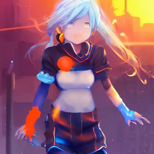 Image similar to Splash art Anime loli, blond hair with pigtails, blue coat and black shorts, she flies by using blue neon powers through the city. Cinematic sunset, faint orange light. Amazing piece Trending on Artstation