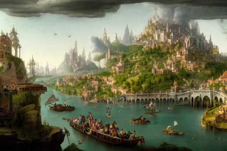 Prompt: a beautiful complex insanely detailed matte painting of a magical city on the river Styx by Heironymous Bosch and Bernardo Bellotto and Tyler Edlin and James Gurney