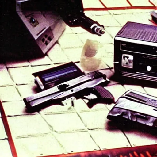 Image similar to A still from 1978 commercial aired late at night of gun that could kill the past, taped to VHS, video artefacts, displayed on a CRT TV