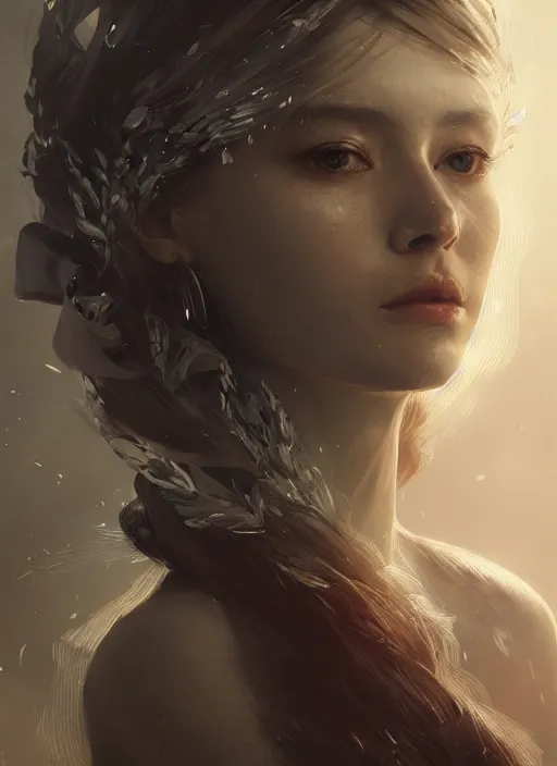 Image similar to A fancy portrait of a beautiful women covered in ribbon by Greg Rutkowski, Sung Choi, Mitchell Mohrhauser, Maciej Kuciara, Johnson Ting, Maxim Verehin, Peter Konig, Bloodborne, 8k photorealistic, cinematic lighting, HD, high details, dramatic, atmospheric , trending on artstation