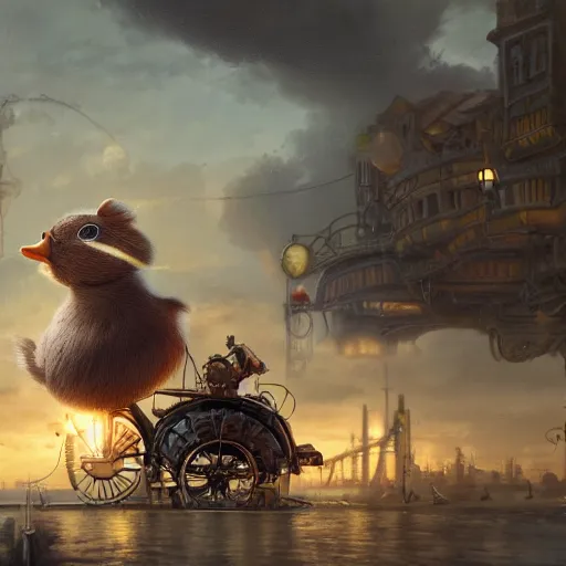 Prompt: oil painting of hamster riding giant duck, steampunk clothes, steampunk city background, sharp focus, fantasy style, octane render, volumetric lighting, 8k high definition, by greg rutkowski, highly detailed, trending on art Station, explosions, centered