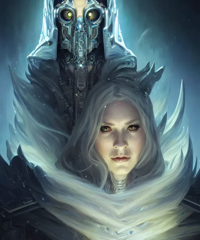 Prompt: futuristic lich king portrait, sci-fi, amber eyes, face, long hair, fantasy, intricate, elegant, highly detailed, digital painting, artstation, concept art, smooth, sharp focus, illustration, art by artgerm and greg rutkowski and alphonse mucha