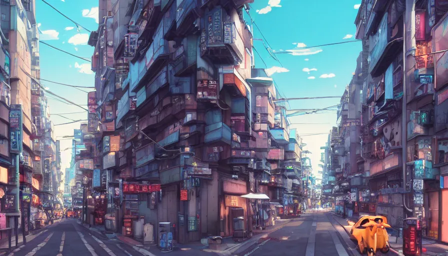 Image similar to A highly detailed matte painting of a tokyo street with a bright shimmering sky by Studio Ghibli, Mokoto Shinkai, by Artgerm, by beeple, volumetric lighting, octane render, 4K resolution, trending on artstation, vivid colours