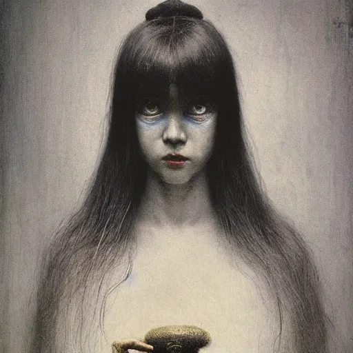 Image similar to style by millais, ( ( ( ( ( ( ( ( by beksinski ) ) ) ) ) ) ) ), portrait painting of victorian yokai, 8 k, highly detailed,