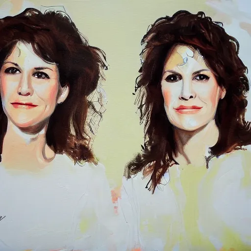 Image similar to a messy painting of twin sisters. Wendy and Susannah Melvoin. Trending on ArtStation