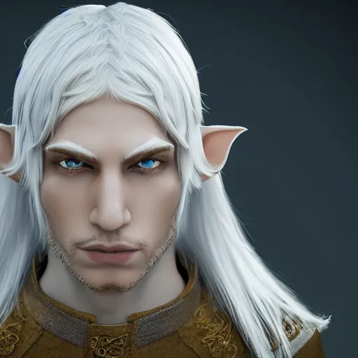 Image similar to a highly detailed male elf in full length, with white long hair, white clothes, bright blue eyes, artstation, DeviantArt, professional, octane render