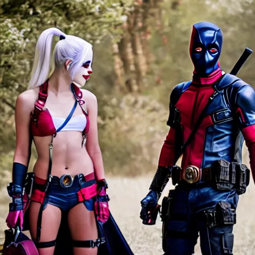 Image similar to film still, Harley Quinn and Deadpool